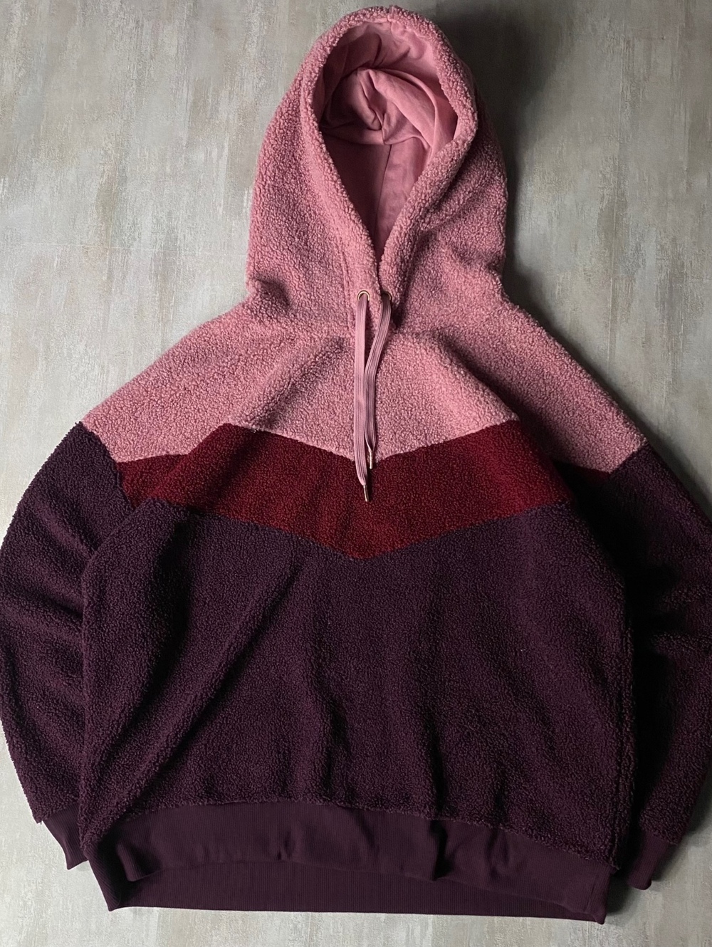 Womens Large Sherpa Fleece Hoodie Colorblock Chevron Pink Burgundy Cozy Y2K